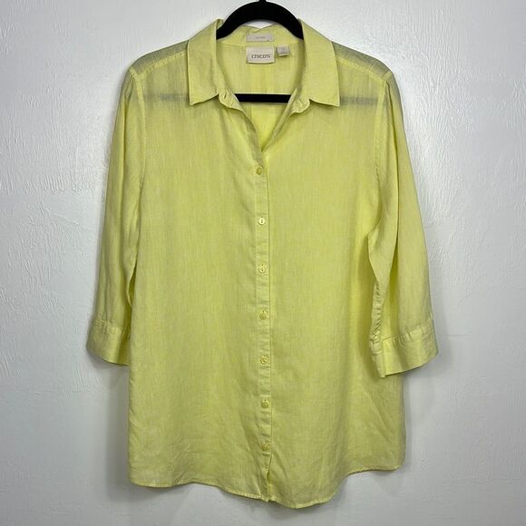 Chico's No Iron Linen 3/4 Sleeve Button Down Shirt In Pale Yellow Size L - Picture 3 of 10
